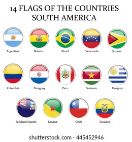 Set (selection, compilation) of round vector flags of South America. They are made in form of circular icons with gradient highlights and shadows. Each of the icons is on a separate, new layer.