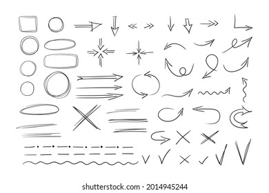 A set of selection elements in a hand-drawn doodle style. Arrows, directions, strokes, ticks, strikethroughs, underlines. Vector illustration isolated on white background