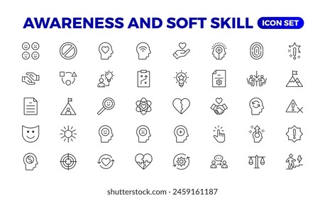 Set of self awareness icons. Thin linear style icons Pack.Vector Illustration.Volunteering set. Outline set volunteering vector icon. Soft skills icon Containing communication, empathy, assertiveness.