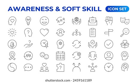 Set of self awareness icons. Thin linear style icons Pack.Vector Illustration.Volunteering set. Outline set volunteering vector icon. Soft skills icon Containing communication, empathy, assertiveness.