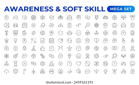 Set of self awareness icons. Thin linear style icons Pack.Vector Illustration.Volunteering set. Outline set volunteering vector icon. Soft skills icon Containing communication, empathy, assertiveness.