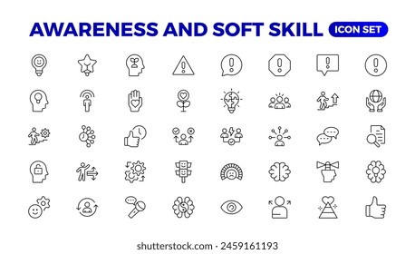 Set of self awareness icons. Thin linear style icons Pack.Vector Illustration.Volunteering set. Outline set volunteering vector icon. Soft skills icon Containing communication, empathy, assertiveness.