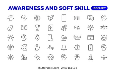 Set of self awareness icons. Thin linear style icons Pack.Vector Illustration.Volunteering set. Outline set volunteering vector icon. Soft skills icon Containing communication, empathy, assertiveness.