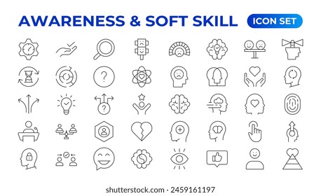 Set of self awareness icons. Thin linear style icons Pack.Vector Illustration.Volunteering set. Outline set volunteering vector icon. Soft skills icon Containing communication, empathy, assertiveness.