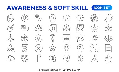 Set of self awareness icons. Thin linear style icons Pack.Vector Illustration.Volunteering set. Outline set volunteering vector icon. Soft skills icon Containing communication, empathy, assertiveness.