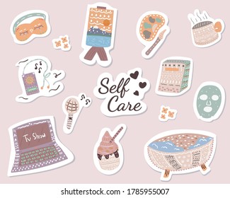 set of self care activities doodle sticker