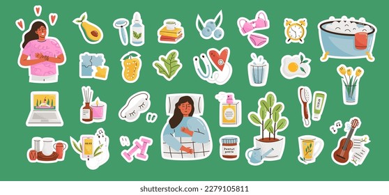 Set of self care icons. Love, relaxation, time, slow life concept. Pretty girl or woman hugging herself. Collection of stickers with heart shape elements. Flat vector illustration