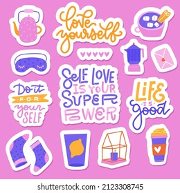 Set of self care icons and quotes. Love, relax, me time, slow life concept elements. Sticker collection with relax things and lettering slogans. Flat hand drawn vector illustration.