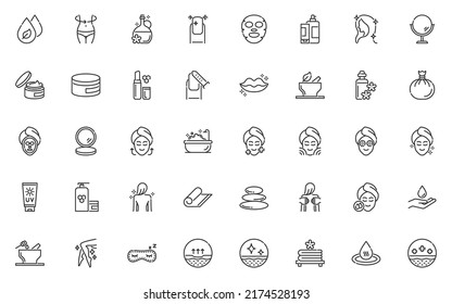 set of self care line icons, health care, skin care, spa, beautiful