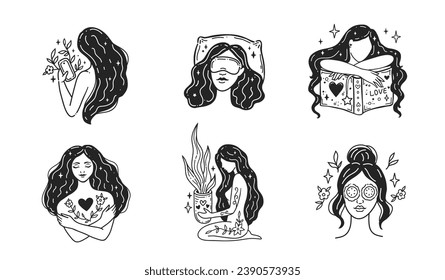 Prepárate, ama, consciente. Ilustraciones vectoriales femeninas. Salud mental. Meditación y relajación para la salud. Estilo lindo Doodle