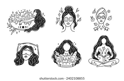 Set Self care, love yourself, mindful. Feminine vector Illustrations. Mental Healthcare. Meditation and relaxation for health. Doodle cute style