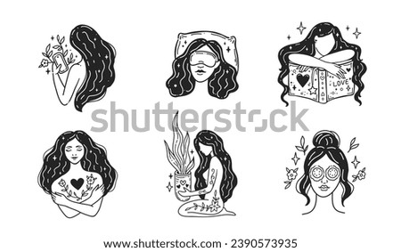 Set Self care, love yourself, mindful. Feminine vector Illustrations. Mental Healthcare. Meditation and relaxation for health. Doodle cute style