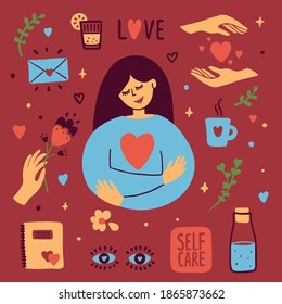 Set of self care vector icons on dark background. Girl hugging herself. Female hand holding flower. Bottle of water, diary, cup of tea, love, hearts sticker. Woman eyes. Body positive illustration