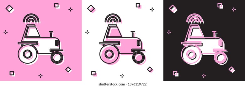 Set Self driving wireless tractor on a smart farm icon isolated on pink and white, black background. Smart agriculture implement element.  Vector Illustration