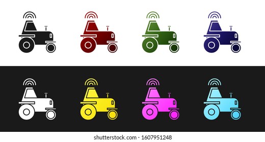 Set Self driving wireless tractor on a smart farm icon isolated on black and white background. Smart agriculture implement element.  Vector Illustration