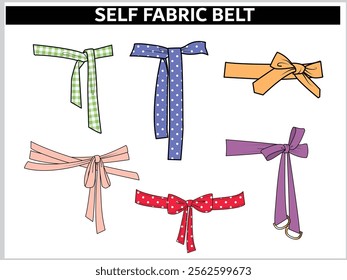 SET OF SELF FABRIC BELT TIE KNOT FOR WAIST BAND, BAGS, SHOES, JACKETS, SHORTS, PANTS, DRESS GARMENTS, DRAWCORD AGLETS FOR CLOTHING AND ACCESSORIES VECTOR ILLUSTRATION