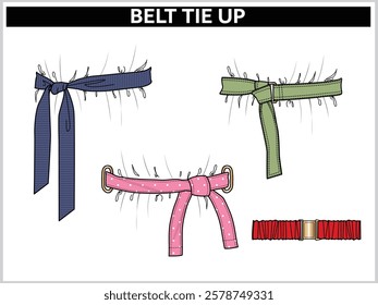 SET OF SELF FABRIC BELT TIE KNOT FOR WAIST BAND, BAGS, SHOES, JACKETS, SHORTS, PANTS, DRESS GARMENTS, DRAWCORD AGLETS FOR CLOTHING AND ACCESSORIES VECTOR ILLUSTRATION