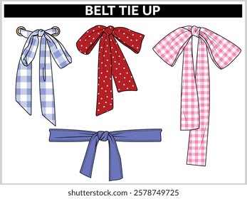 SET OF SELF FABRIC BELT TIE KNOT FOR WAIST BAND, BAGS, SHOES, JACKETS, SHORTS, PANTS, DRESS GARMENTS, DRAWCORD AGLETS FOR CLOTHING AND ACCESSORIES VECTOR ILLUSTRATION