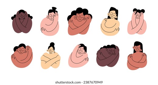 A set of Self hug, self love and self care. Woman hugging herself. Vector characters of different race on white background