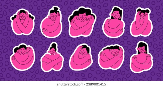 A set of Self hug, self love and self care. Woman hugging herself. Vector stickers with pink characters