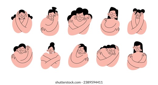 Un conjunto de Autoabrazo, amor propio y autocuidado. Mujer abrazándose. Caracteres vectoriales en fondo blanco