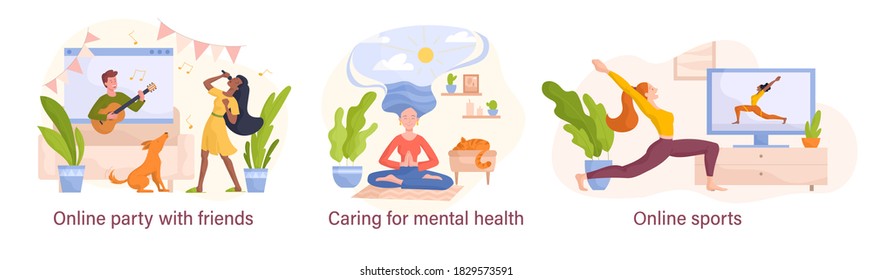 Set of self isolation or quarantine illustrations.