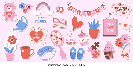 Conjunto de elementos y frases de amor propio y cuidado personal. Lindas pegatinas de vector plano.