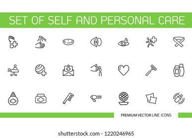 Set Of Self And Personal Care Line Icons. Hygiene, Body Care, Healthcare. Beauty Concept. Can Be Used For Lifestyle, Treatment, Health