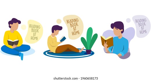 Set of self quarantine activity reading book at home concept design illustration
