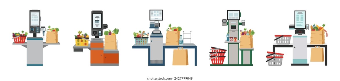 Set of self service checkout with shopping bag full of food and shopping baskets in the supermarket isolated on white. Self service and self payment terminal. Contactless payment.