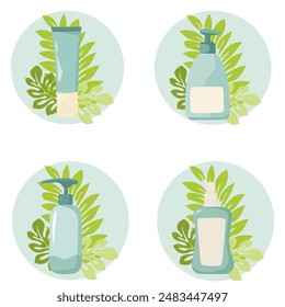 Set of self-care items with tropical abstract leaves. Skin care concept.