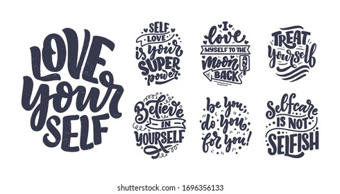 Set with selfcare lettering quotes for blog or sale. Time to something nice. Beauty, body care, premium cosmetics, delicious, ego. Modern calligraphy. Vector illustration