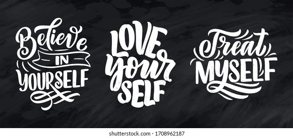 Set with selfcare lettering quotes for blog or sale. Time to something nice. Beauty, body care, premium cosmetics, delicious, ego. Modern calligraphy. Vector illustration