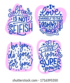 Set with selfcare lettering quotes for blog or sale. Time to something nice. Beauty, body care, premium cosmetics, delicious, ego. Modern calligraphy. Vector illustration