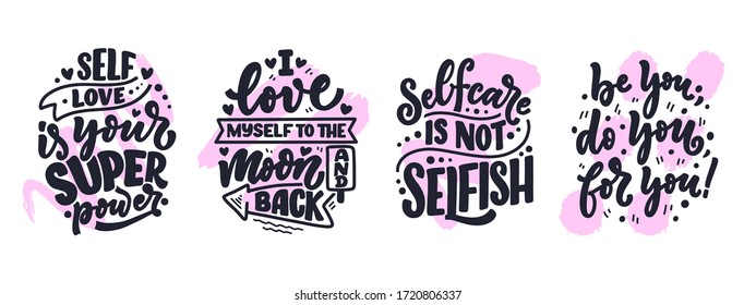 Set with selfcare lettering quotes for blog or sale. Time to something nice. Beauty, body care, premium cosmetics, delicious, ego. Modern calligraphy. Vector illustration