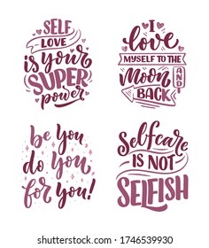 Set with selfcare lettering quotes for blog or sale. Time to something nice. Beauty, body care, premium cosmetics, delicious, ego. Modern calligraphy. Vector illustration