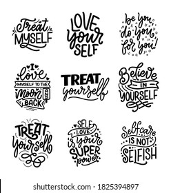 Set with selfcare lettering quotes for blog or sale. Time to something nice. Beauty, body care, premium cosmetics, delicious, ego. Modern calligraphy. Vector illustration