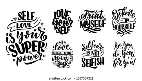 Set with selfcare lettering quotes for blog or sale. Time to something nice. Beauty, body care, premium cosmetics, delicious, ego. Modern calligraphy. Vector illustration