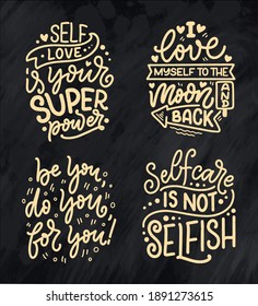 Set with selfcare lettering quotes for blog or sale. Time to something nice. Beauty, body care, premium cosmetics, delicious, ego. Modern calligraphy. Vector illustration