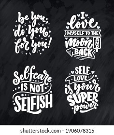 Set with selfcare lettering quotes for blog or sale. Time to something nice. Beauty, body care, premium cosmetics, delicious, ego. Modern calligraphy. Vector illustration
