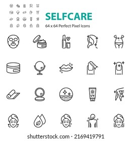 set of selfcare line icons, health skin, beauty, skincare