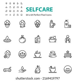 set of selfcare line icons, health skin, beauty, skincare