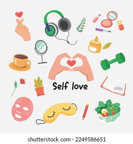 set of self-care, self-love, and relaxing elements.