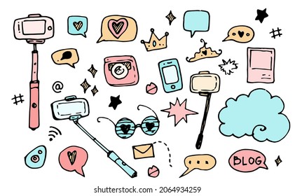 a set of selfie elements in pastel blue and pink. Isolated elements of social life, hand-drawn in the style of a doodle with a black line, selfie sticks, messages, phone, pairs of photos, stars, heart