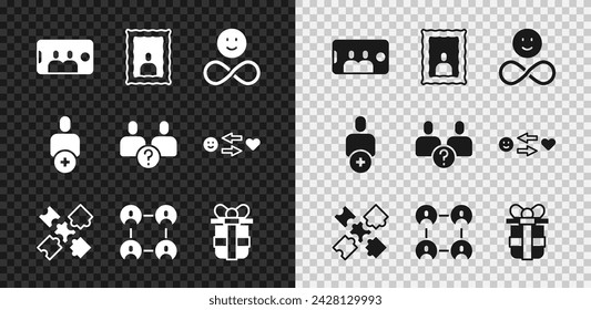 Set Selfie on mobile, Picture frame, Friends forever, Puzzle pieces toy, BFF best friends, Gift box, Add and Complicated relationship icon. Vector