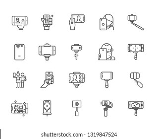 Set of selfie Related Vector Line Icons. Includes such Icons as photo, phone, focus, filter, processing, photographer, selfie stick, memory, friends, love