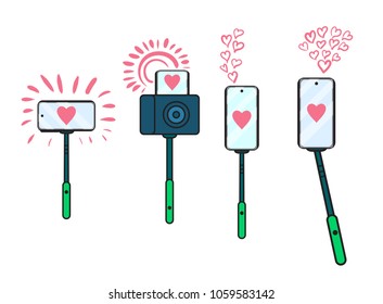 Set selfie stick icon. Vector illustration isolated on white background. Concept sign a blogger broadcast in social networks. Festive hearts valentine