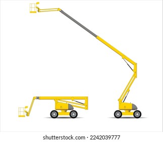 a set of self-propelled telescopic aerial platforms. Transport and working position. Vector illustration.