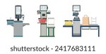 Set of self-service and self payment checkouts in the supermarket isolated on white. Self-service terminal. Contactless payment.