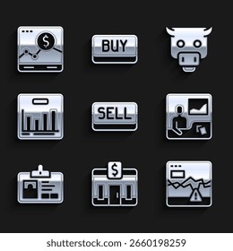 Establecer Botón de venta, edificio del banco, mercado de valores de fracaso, cursos de negociación, insignia de Identificación, infografía de gráfico circular, toro y Sitio web con el ícono de crecimiento. Vector